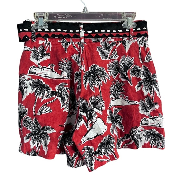 Tahari 100% European Flax Tropical Print Belted Shorts in Orange Black size 8 - Picture 2 of 10